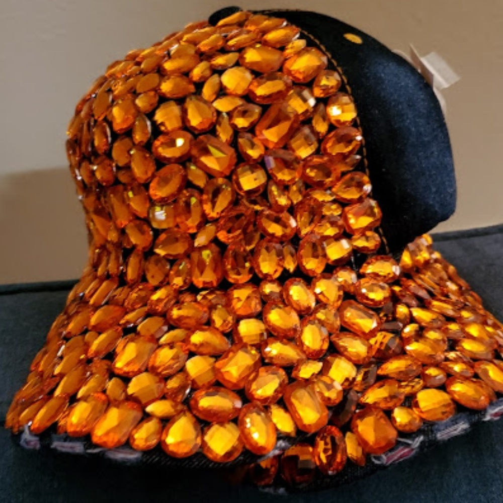 Large Orange Gem Stone Denim Baseball Cap